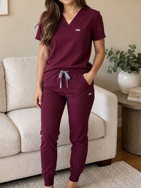 figs: burgundy catarina top xxs, zamora high waisted jogger xs p, scrub set